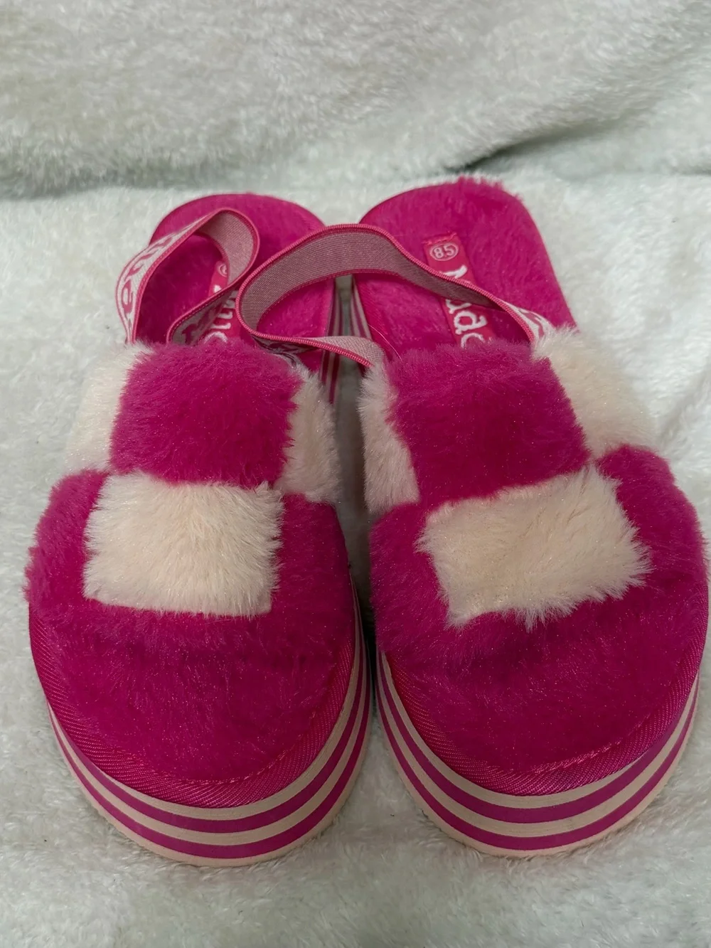 Mudd Platform Slide Sandals Pink White Checkered Faux Fur Fuzzy Striped Size 8.5